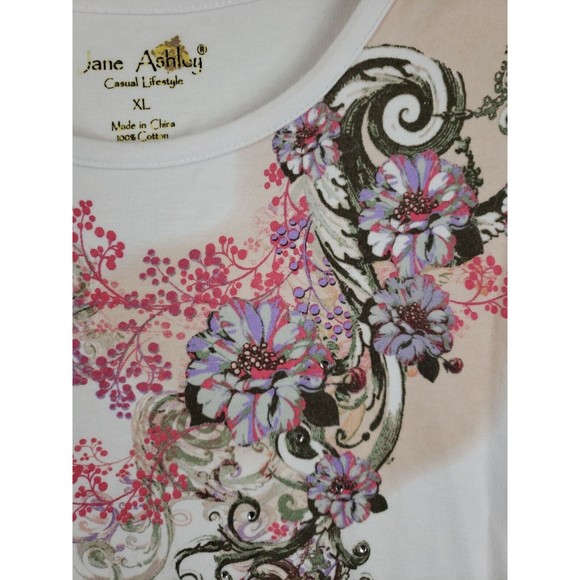 jane ashley Women's top XL white pink floral short sleeve - Picture 3 of 9